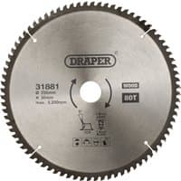 Circular saw blade, silver with 80 teeth, 255 x 30mm, Draper logo, and directional markings on the surface.