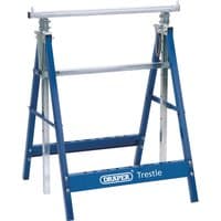 Blue Draper telescopic trestle/saw horse with adjustable metal legs and crossbar, branded logo on the lower beam.