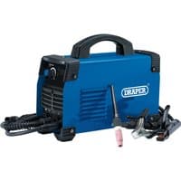 Blue Draper TIG/MMA Welder, 145A with black handle, control knob, and attached cables.