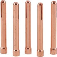 Copper-colored Draper TIG torch collets, 16mm, cylindrical shape, pack of 5, for Stock No. 70087 and 57096.
