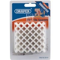 Draper Tile Spacers, 2mm, approx 250 pieces, white plastic, cross-shaped, in clear packaging with blue and orange label.