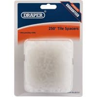 Clear plastic Draper tile spacers, 3mm, in a transparent pack, labeled for 250 pieces, with blue and orange branding.
