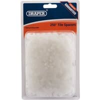Draper Tile Spacers, 6mm, approx 250 pieces, white plastic, in clear packaging with orange and blue Draper branding.
