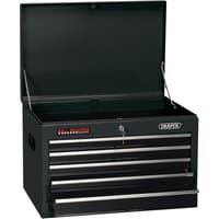 Black Draper tool chest with 5 drawers, 26-inch width, metal handles, and a hinged top lid.