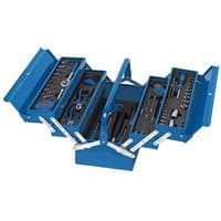 Blue Draper steel cantilever toolbox with 126 tools, including wrenches, screwdrivers, and sockets, organized in trays.