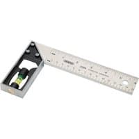 "Draper Try and Mitre Square, 150mm with silver ruler, black handle, and built-in spirit level"