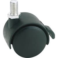 "Black Draper twin nylon bolt castor with brake, 40mm diameter, threaded bolt on top, smooth round wheel design"