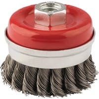 Red and silver Draper twist knot wire cup brush, 60mm, with M14 threaded nut and twisted steel bristles.