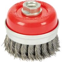 Red and silver Draper twist knot wire cup brush, 80mm diameter, with M14 threaded nut on top.