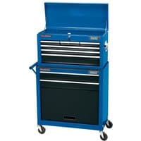 Blue Draper roller cabinet with two drawers and six-drawer chest, metal handles, and wheels for mobility.