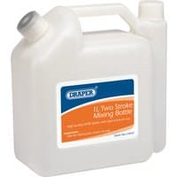 Translucent Draper 1L two-stroke mixing bottle with blue and orange label, integrated measuring chamber.