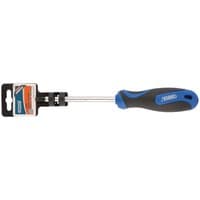 Draper TX-STAR T40 screwdriver with black and blue soft grip handle and silver shaft, attached to packaging.