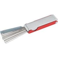 Red and silver Draper welding nozzle cleaner with multiple metal cleaning rods.