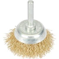 Silver Draper wire cup brush, 40mm, with twisted brass bristles and cylindrical metal shank.