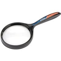 Black Draper round magnifier, 65mm lens, with ergonomic handle and blue accents.
