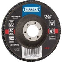 Draper Zirconium Oxide Flap Disc, 115x22.23mm, 80 Grit, black with blue logo and red label detailing specifications.
