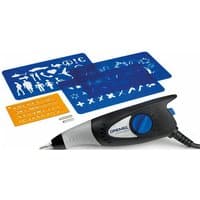 Dremel 290-3/4 Hobby Engraver with blue dial, black grip, silver tip, and stencil sheets for engraving designs.