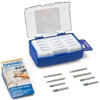 Dremel Glass Etching Accessory Set with blue case, multiple etching tips, and quick start guide.