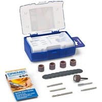 Dremel Woodworking Accessory Set with blue case, sanding bands, polishing wheel, and Quick Start guide.