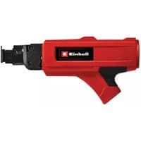 Red and black Einhell drywall screwdriver attachment with ergonomic grip and magazine slot.