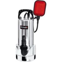 Stainless steel Einhell dirty water pump with black handle, red float switch, and black hose connector.