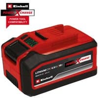 Red and black Einhell 18v cordless lithium battery with charge indicator and Power X-Change branding.