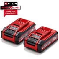 Red and black Einhell 18v cordless twin pack batteries with power indicator lights and compatibility label.