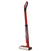 Red Einhell 18V hard floor cleaner with long handle, transparent water tank, and dual white cleaning rollers.