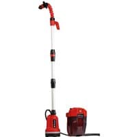 Red and black Einhell cordless water pump with a long adjustable hose and transparent water chamber.