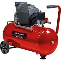 Red Einhell TC-AC 190/50/8 air compressor with 50L tank, black motor, pressure gauges, and wheels for mobility.