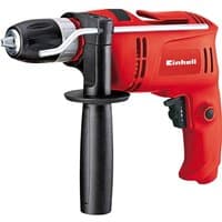 Red Einhell TC-ID 650 E hammer drill with black handle, side grip, and adjustable chuck.
