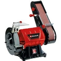 Red and black Einhell TC-US 350 stationary belt grinder with sanding belt and grinding wheel.