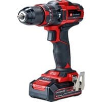Red and black Einhell cordless combi drill with 18v lithium battery and ergonomic grip.