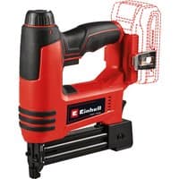 Red and black Einhell 18V cordless nailer with ergonomic grip and visible battery slot.