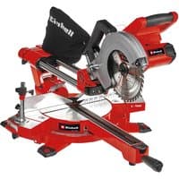 Red Einhell cordless sliding mitre saw with 210mm blade, adjustable arm, and dust collection bag.