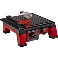 Red and black Einhell 18V tile cutter with protective blade guard and adjustable cutting table.