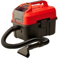 Red and black Einhell TE-VC 18/10 Li-Solo 18V wet and dry vacuum with flexible hose and ergonomic handle.