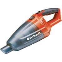 Red and black Einhell cordless vacuum cleaner with ergonomic handle and sleek nozzle design.