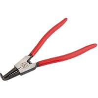 Bent external circlip pliers with red handles, silver metal tips, and black joint, suitable for 40-100mm circlips.