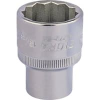 Silver Elora bi-hexagon socket, 1/2" square drive, 15/16" size, with engraved text and knurled grip.