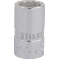 Elora Bi-Hexagon Socket, 1/2" Sq. Dr., 5/8", shiny chrome finish with ribbed grip and engraved size markings.