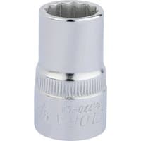 Elora Bi-Hexagon Socket, 1/2" Sq. Dr., 9/16", silver chrome finish with engraved text and ribbed grip.
