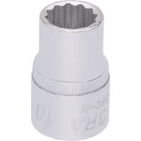 Elora Bi-Hexagon Socket, 3/8" square drive, 10mm, shiny chrome finish with engraved size marking.