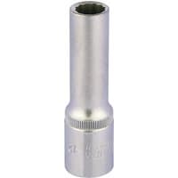 Silver Elora deep bi-hexagon socket, 1/2" square drive, 12mm, with a smooth cylindrical body and ribbed grip.