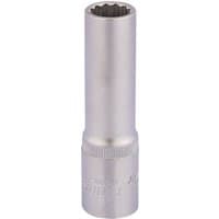 Silver Elora deep bi-hexagon socket, 1/2" square drive, 13mm, with a smooth cylindrical body and knurled grip.