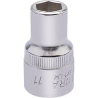 Silver Elora hexagon socket, 1/2" square drive, 11mm, with engraved text and knurled grip.