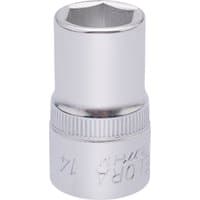 Silver Elora hexagon socket, 1/2" square drive, 14mm, with engraved branding and knurled grip near the base.