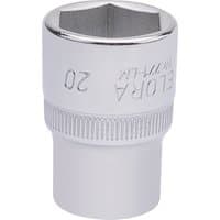 Silver Elora hexagon socket, 1/2" square drive, 20mm, with engraved branding and knurled grip.