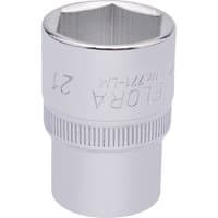 Silver Elora hexagon socket, 1/2" square drive, 21mm, with engraved branding and knurled grip.
