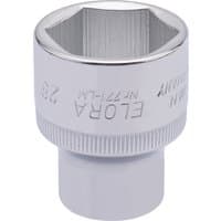 Silver Elora hexagon socket, 1/2" square drive, 26mm, with engraved branding and knurled grip.